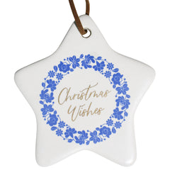 'Christmas Wishes' Hamptons Blue & White Floral Ceramic Star Ornament