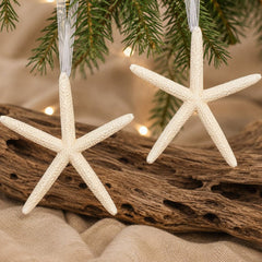 Set of 2 Natural White Starfish Hanging Christmas Ornaments with Ribbon