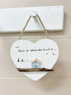'"Home is where the beach is" hanging wood and sea glass heart sign