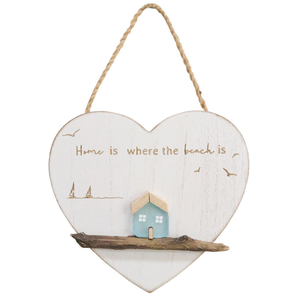 '"Home is where the beach is" hanging wood and sea glass heart sign
