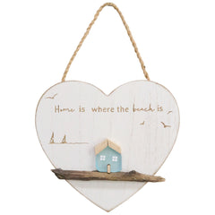 '"Home is where the beach is" hanging wood and sea glass heart sign