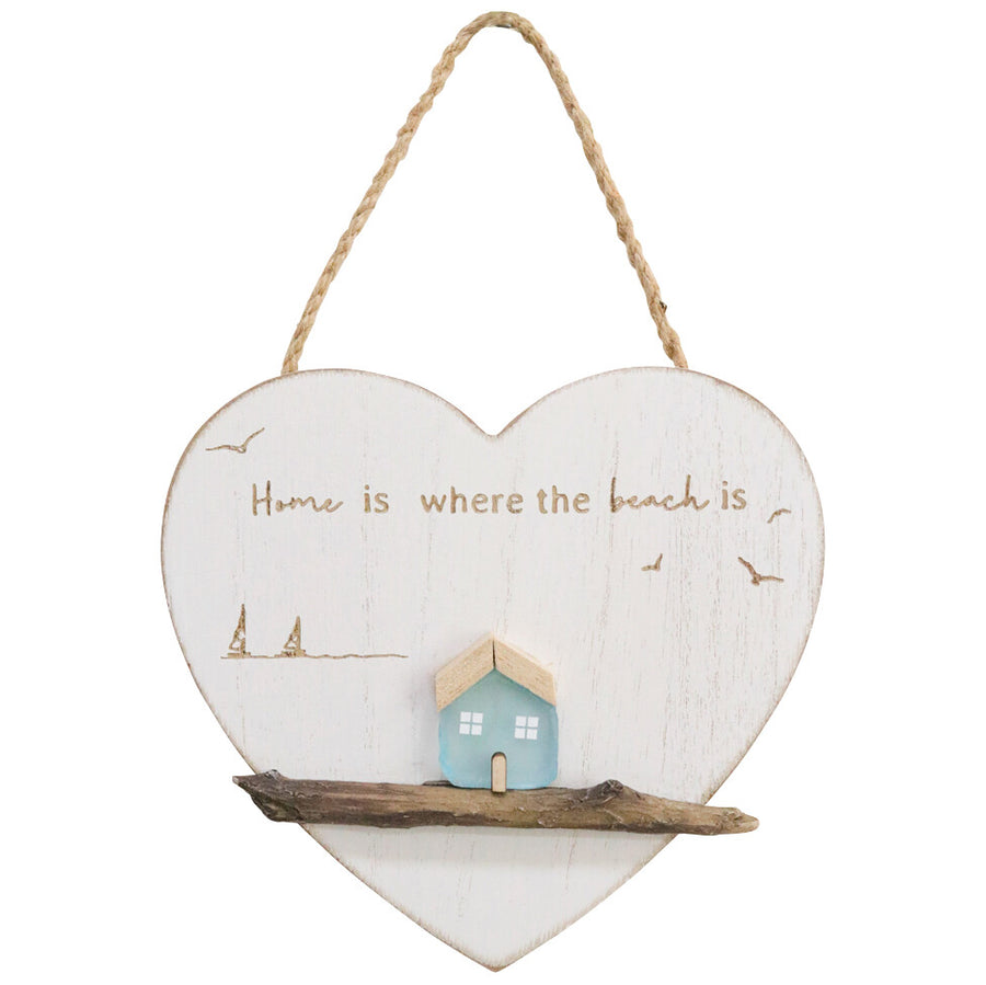 '"Home is where the beach is" hanging wood and sea glass heart sign