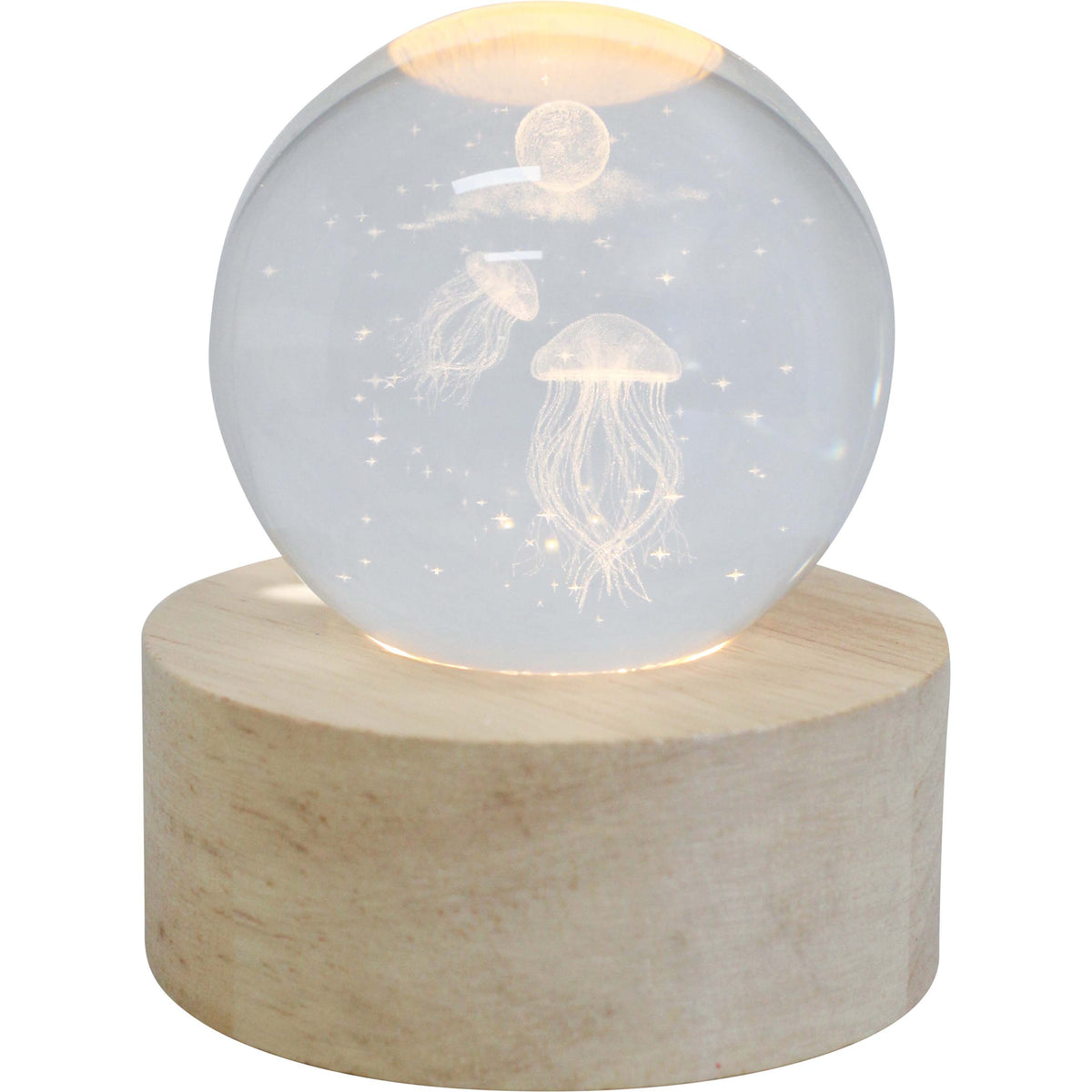 Jellyfish LED Glass Ball Light, Nightlight with Wood Base