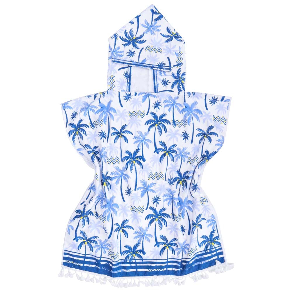 Kids Blue Palm Print Microfibre Hooded Towel Poncho with Bag