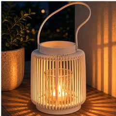 17cm White Lantern with Handle and Glass Candle Holder