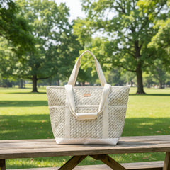 Large Tan, White & Beige Woven Insulated Beach Cooler Bag – 51cm