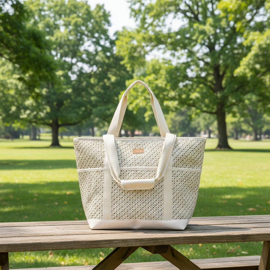 Large Tan, White & Beige Woven Insulated Beach Cooler Bag – 51cm