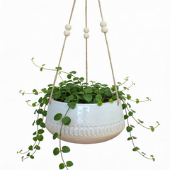 Neutral Patterned Stoneware Low Hanging Planter with Beaded Rope – 17.5cm