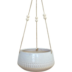 Neutral Patterned Stoneware Low Hanging Planter with Beaded Rope – 17.5cm