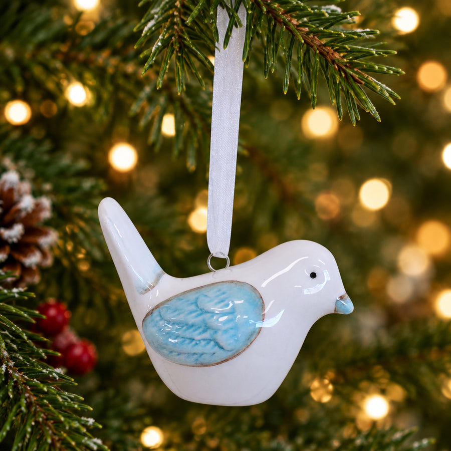 Peek-a-Blue Birdie Hanging Ceramic Christmas Ornament