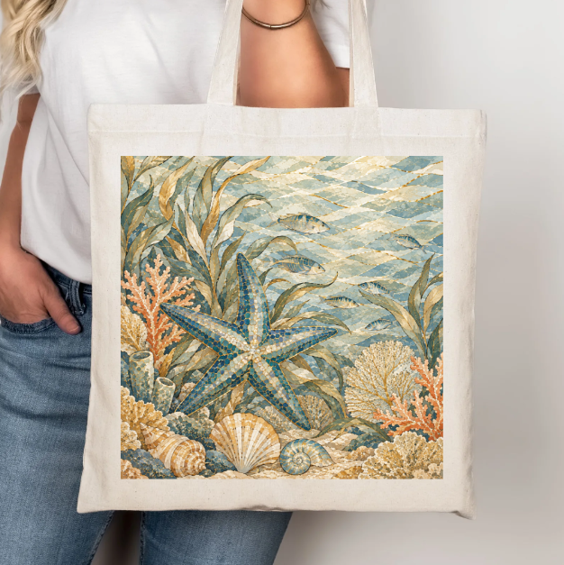 Blue Starfish Canvas Tote Bag with Zip & Inside Pocket – Original Design