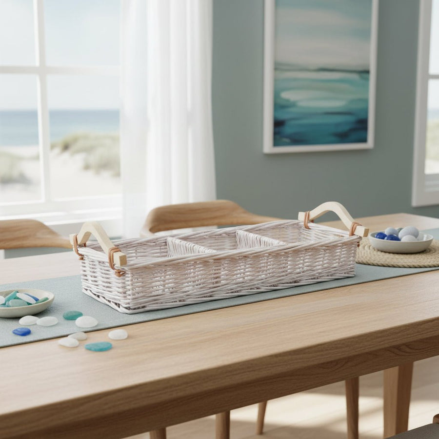 Large White Natural Willow Wicker Divided Storage & Serving Tray – 50cm - My Coastal Collection