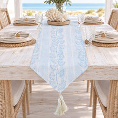 Light Blue, White & Creamy Gold Coral Print Table Runner with Tassels (180x33cm) - My Coastal Collection