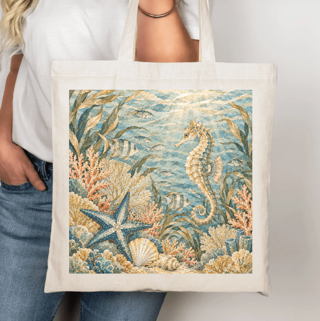 My Coastal Collection original design – Underwater Seahorse Canvas Tote, includes zipper and inside pocket - My Coastal Collection