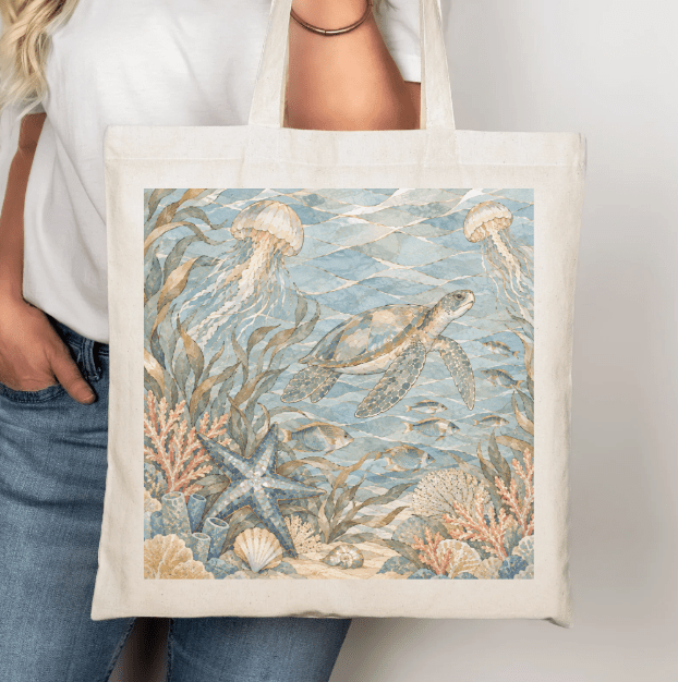 My Coastal Collection original design – Underwater Turtle Sea Life Canvas Tote, includes zipper and inside pocket - My Coastal Collection