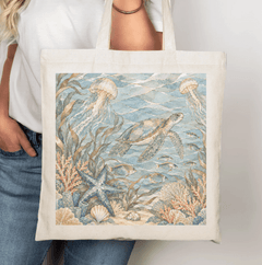 My Coastal Collection original design – Underwater Turtle Sea Life Canvas Tote, includes zipper and inside pocket - My Coastal Collection