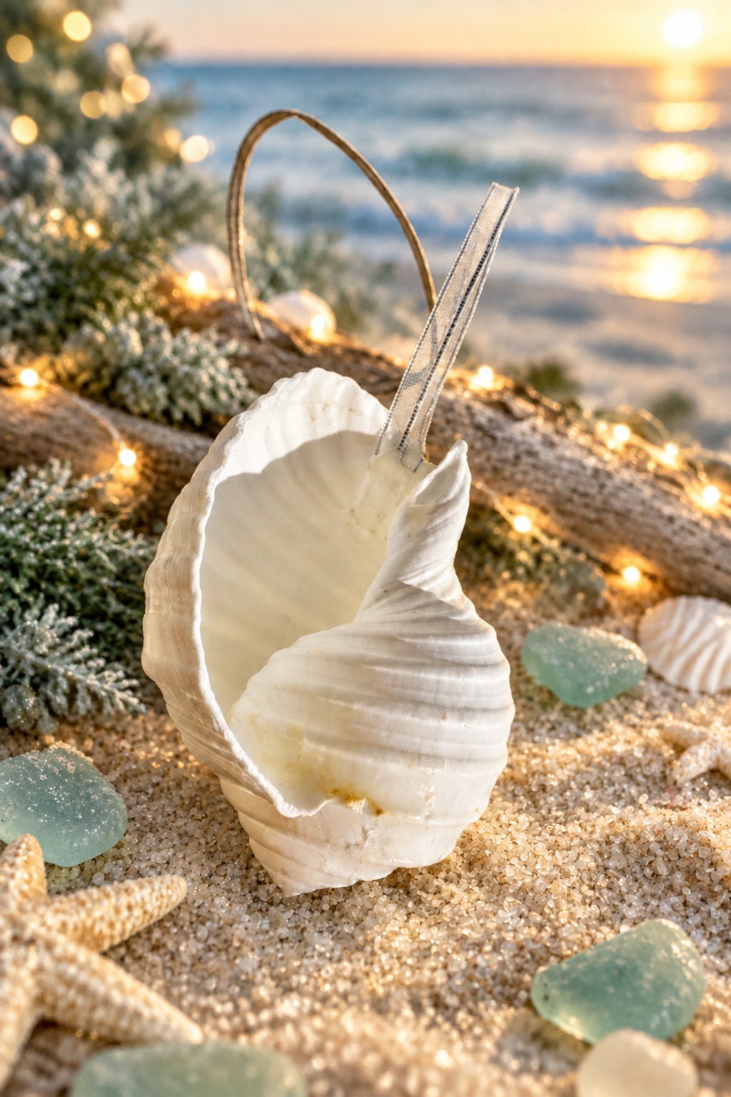 Natural Real Sea Snail Shell hanging Christmas Decoration with sheer ribbon - My Coastal Collection