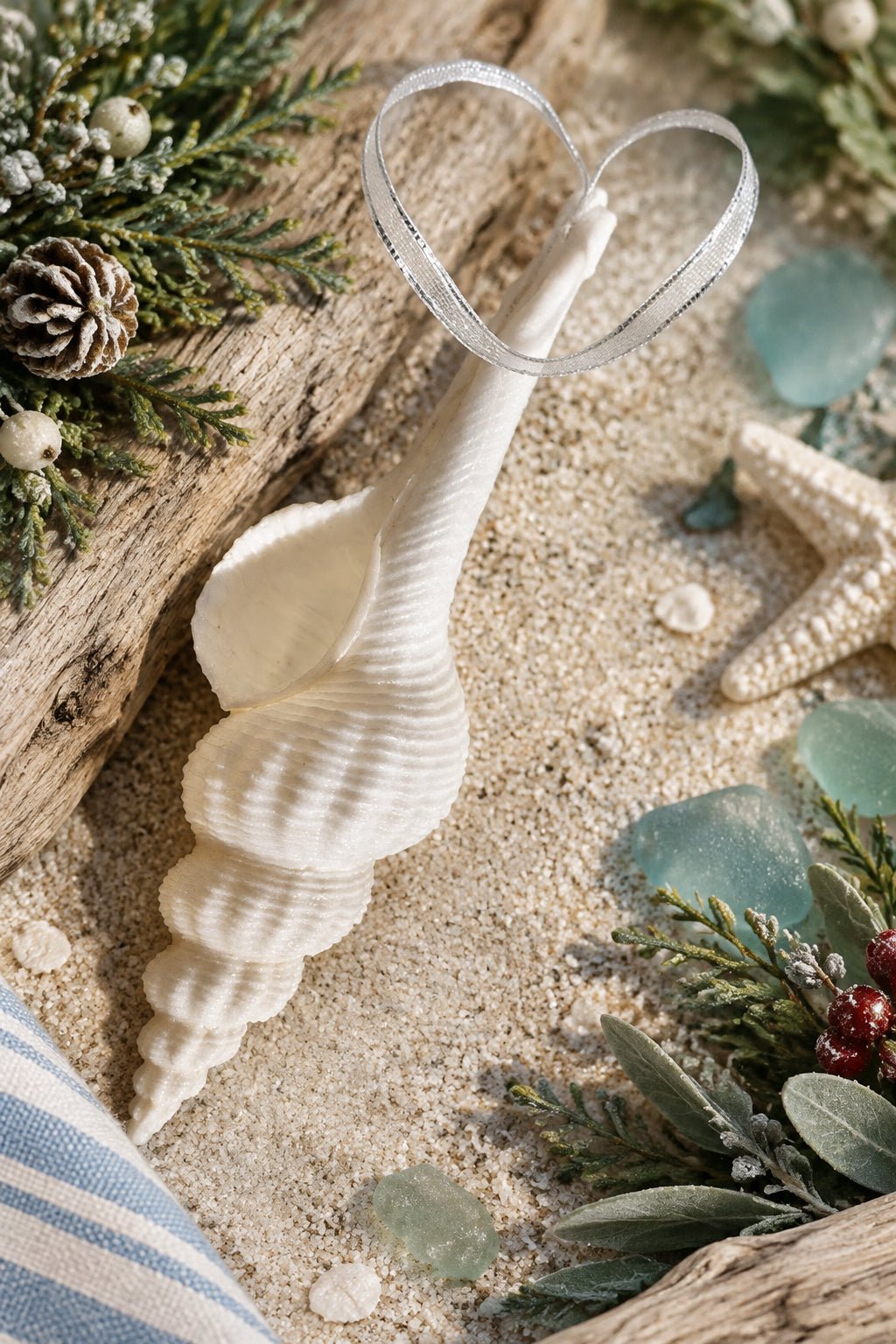 Natural Real White Conical Spindle Sea Shell hanging Christmas Decoration with sheer ribbon - My Coastal Collection