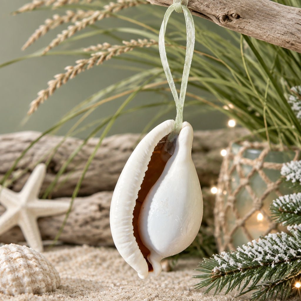 Natural Real White Egg Cowrie Sea Shell hanging Christmas Decoration with sheer ribbon - My Coastal Collection