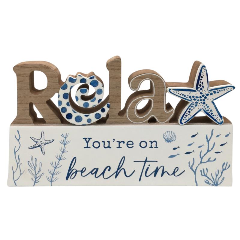 "Relax You're on beach time" 24cm Blue, White & Wooden Beach Plaque with starfish - My Coastal Collection
