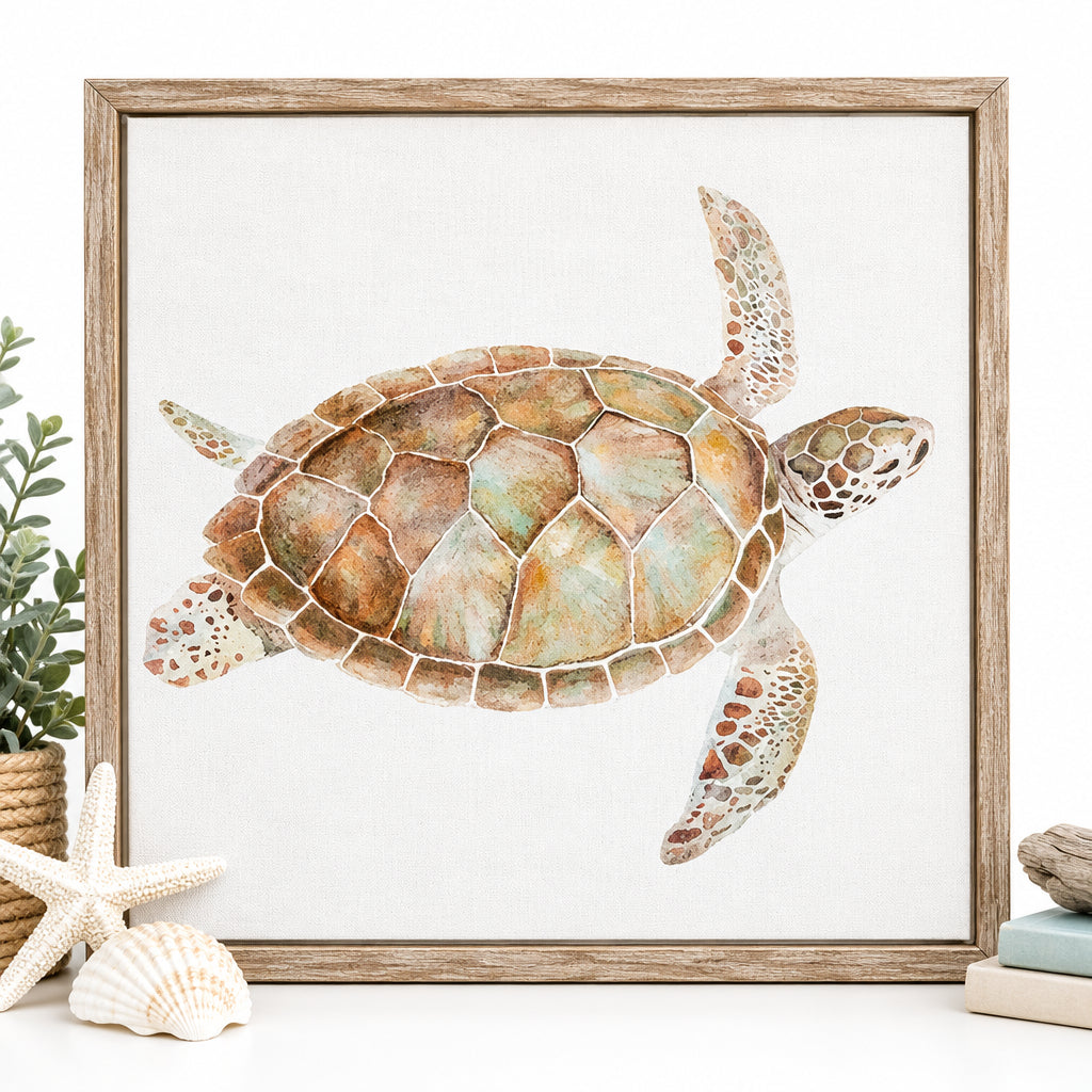 Framed Sea Turtle Hand-Finished Canvas Wall Art with Pine Timber Frame (50x50cm)