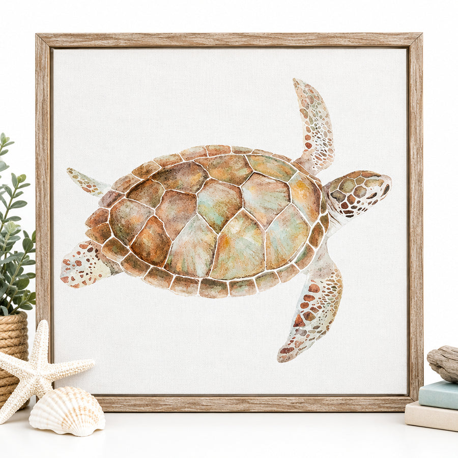 Framed Sea Turtle Hand-Finished Canvas Wall Art with Pine Timber Frame (50x50cm)