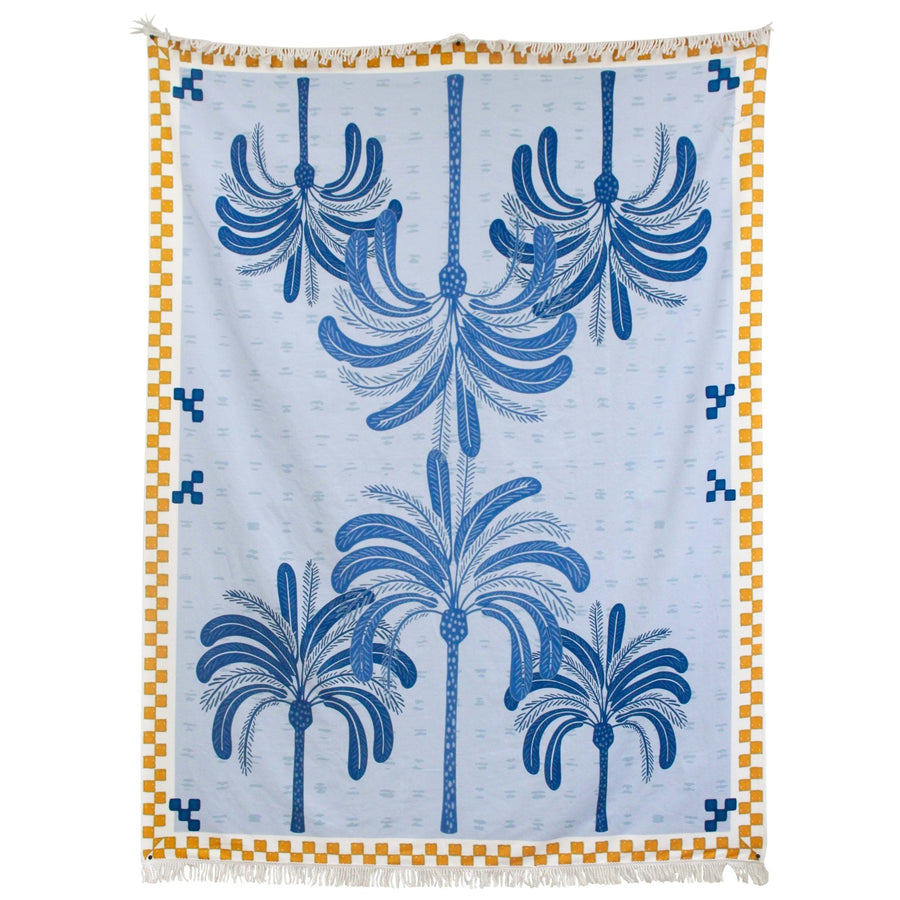 XL Blue Palm & Yellow Check Microfibre Beach Towel with Bag – 150 x 200cm - My Coastal Collection