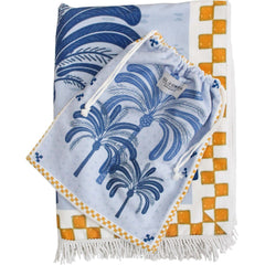 XL Blue Palm & Yellow Check Microfibre Beach Towel with Bag – 150 x 200cm - My Coastal Collection